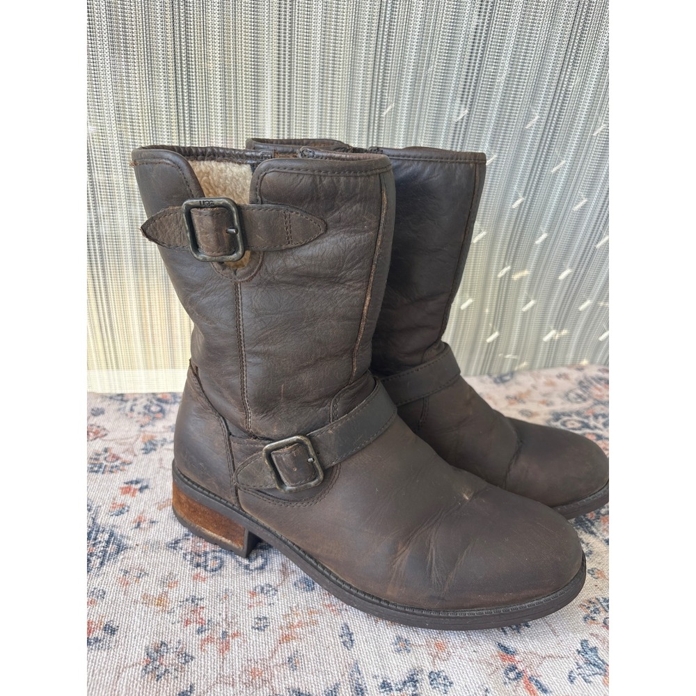 UGG Australia Chaney Dark Brown Leather Moto Buckle Boots 1007542 Womens 8